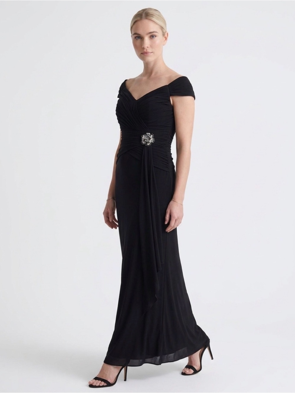 Merrily Long Sheath Gown Neckline, Cascade Detail Skirt and Beaded Detail at Hip
